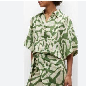 Pinkfilosofy Iku Cropped Linen Button-Front Blouse Sage Green Size Medium